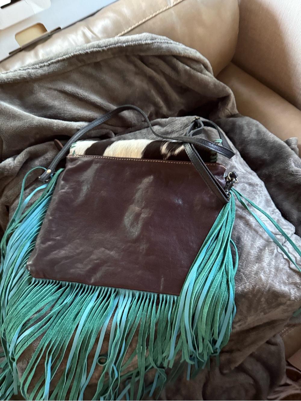 Myra Bag-Turquoise Fringe Leather & Cowhide Crossbody Bag - Picture 5 of 5
